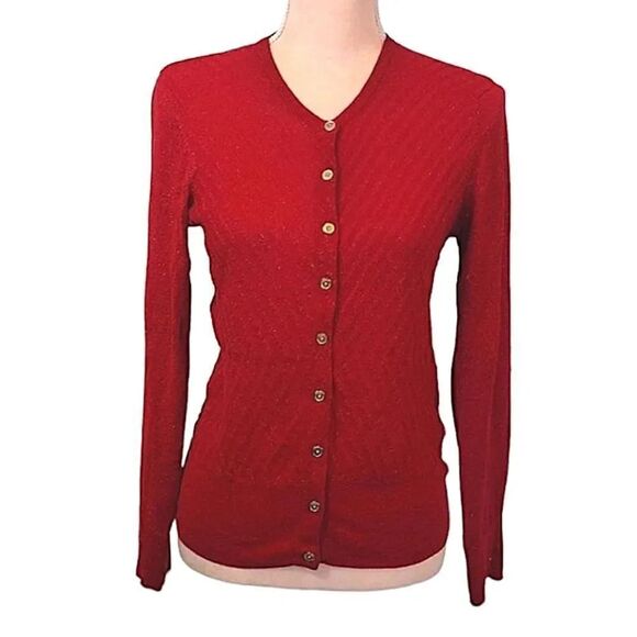 Dana Buchman Red Metallic Gold Chevron Knit Button Up Cardigan Medium - Picture 3 of 15